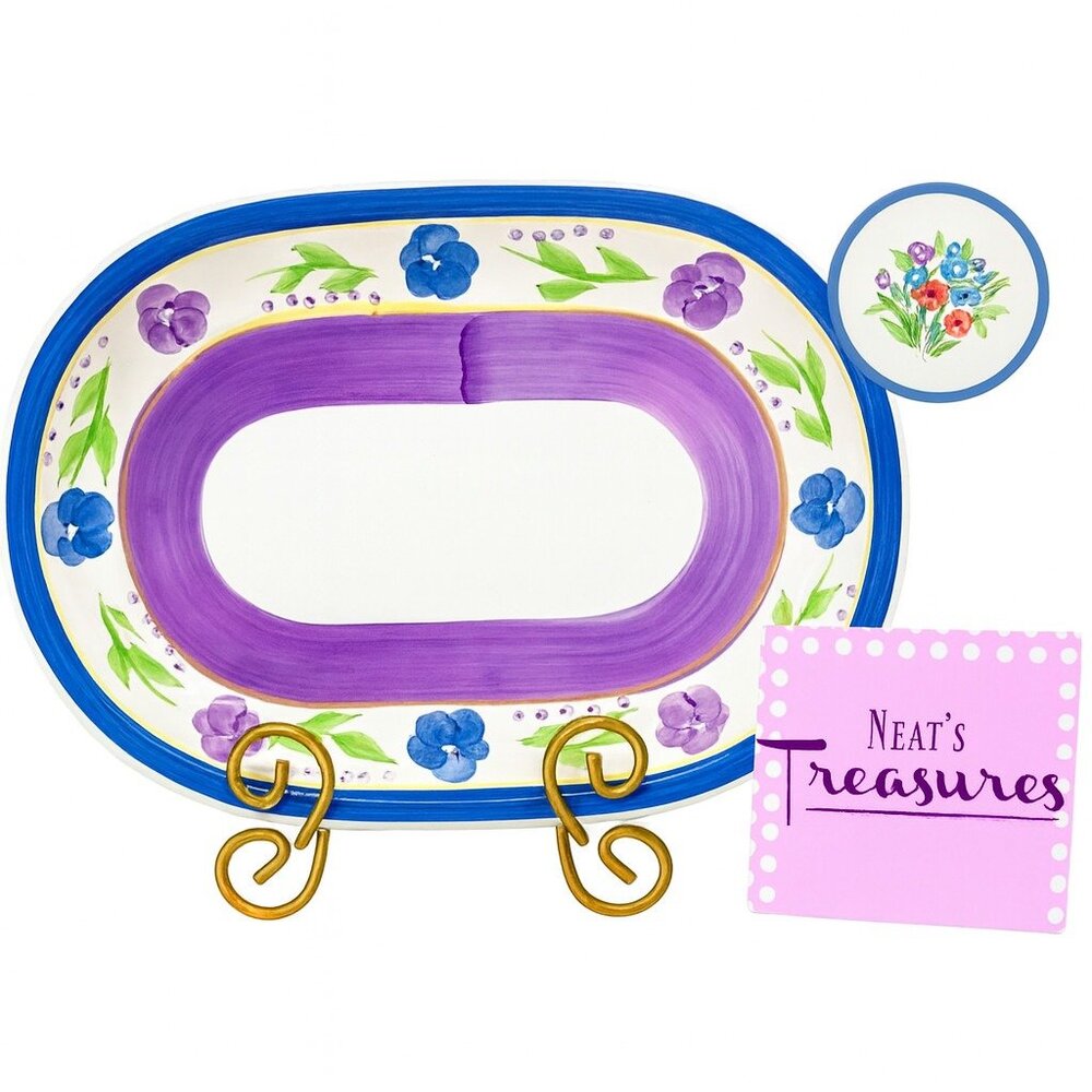 Gibson Design BELLA Blue Lavender Flowers Bands Oval Stoneware  Serving Platter